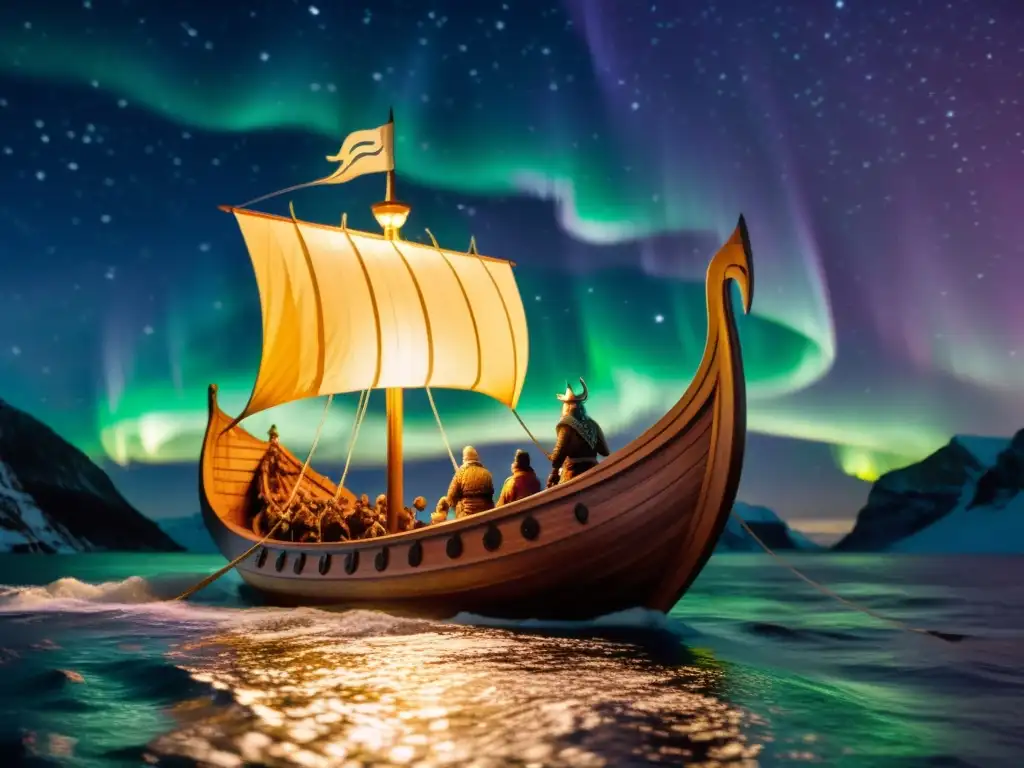 Navegación estelar vikinga en océanos de noche con auroras boreales y barco iluminado