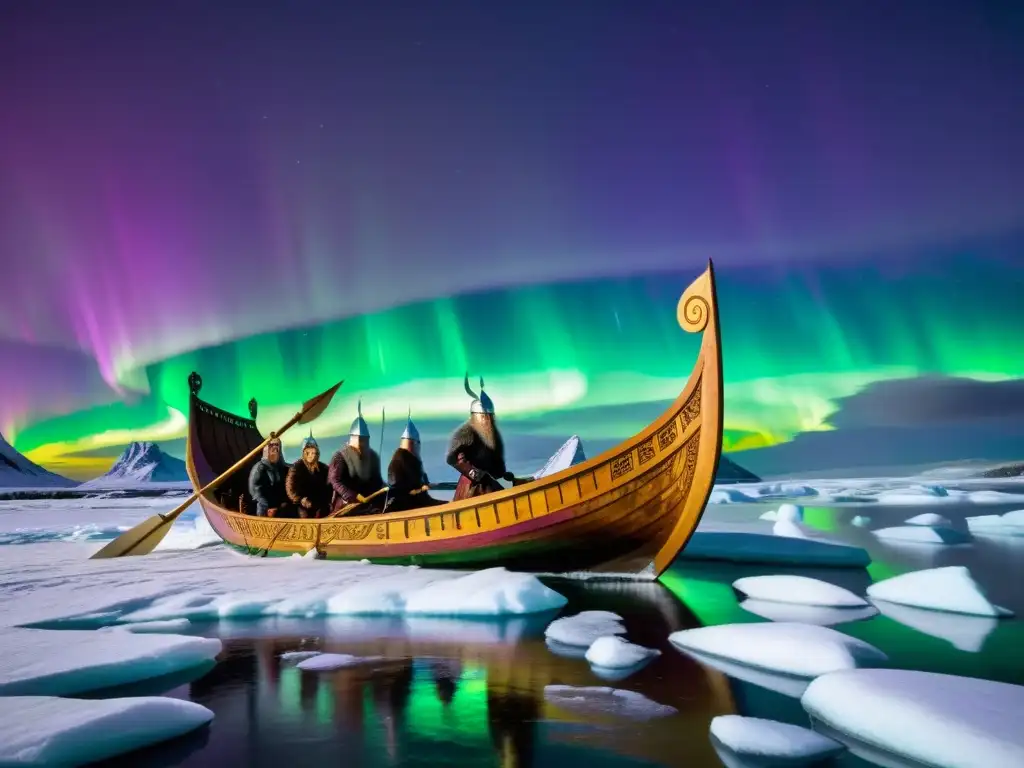 Navegación vikinga en aguas gélidas: Un drakkar vikingo surca aguas heladas bajo la Aurora Boreal, con tripulación lista en armaduras y remos