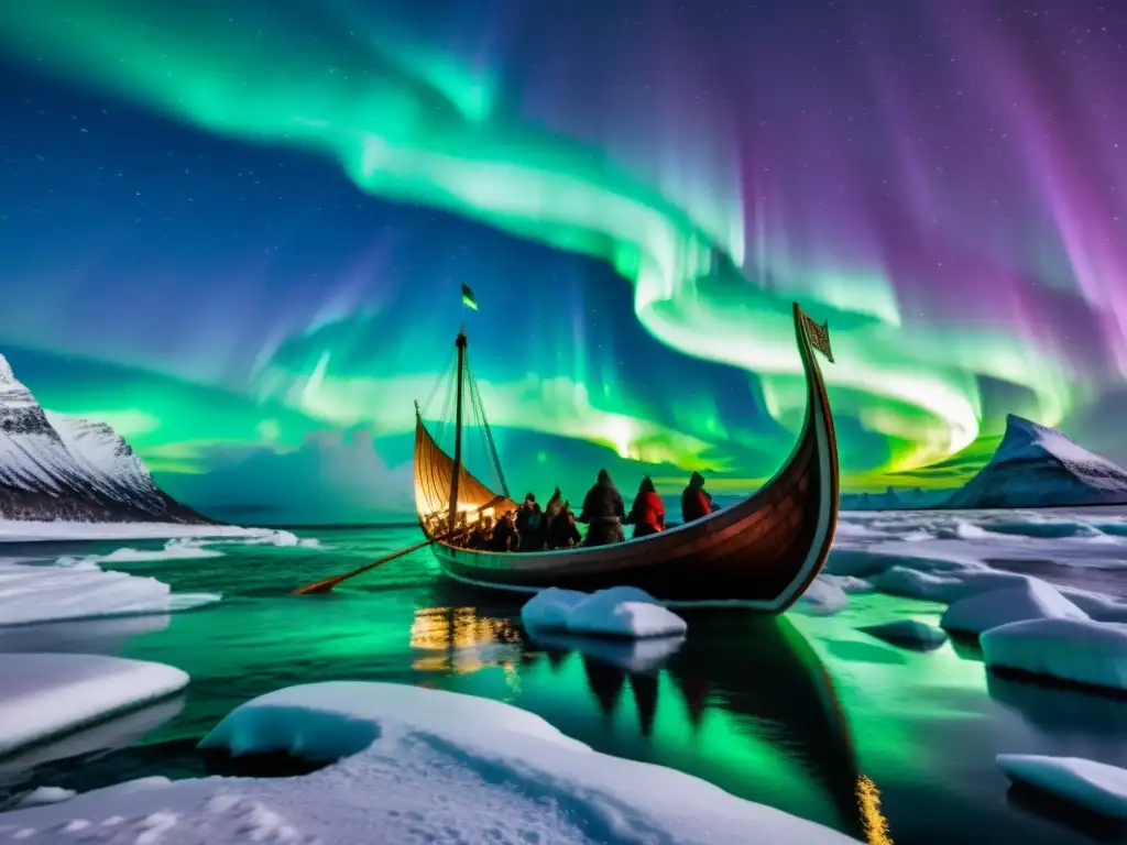 Navegación vikinga en aguas gélidas: Un drakkar surca el hielo bajo las luces del norte, con guerreros vikingos a bordo