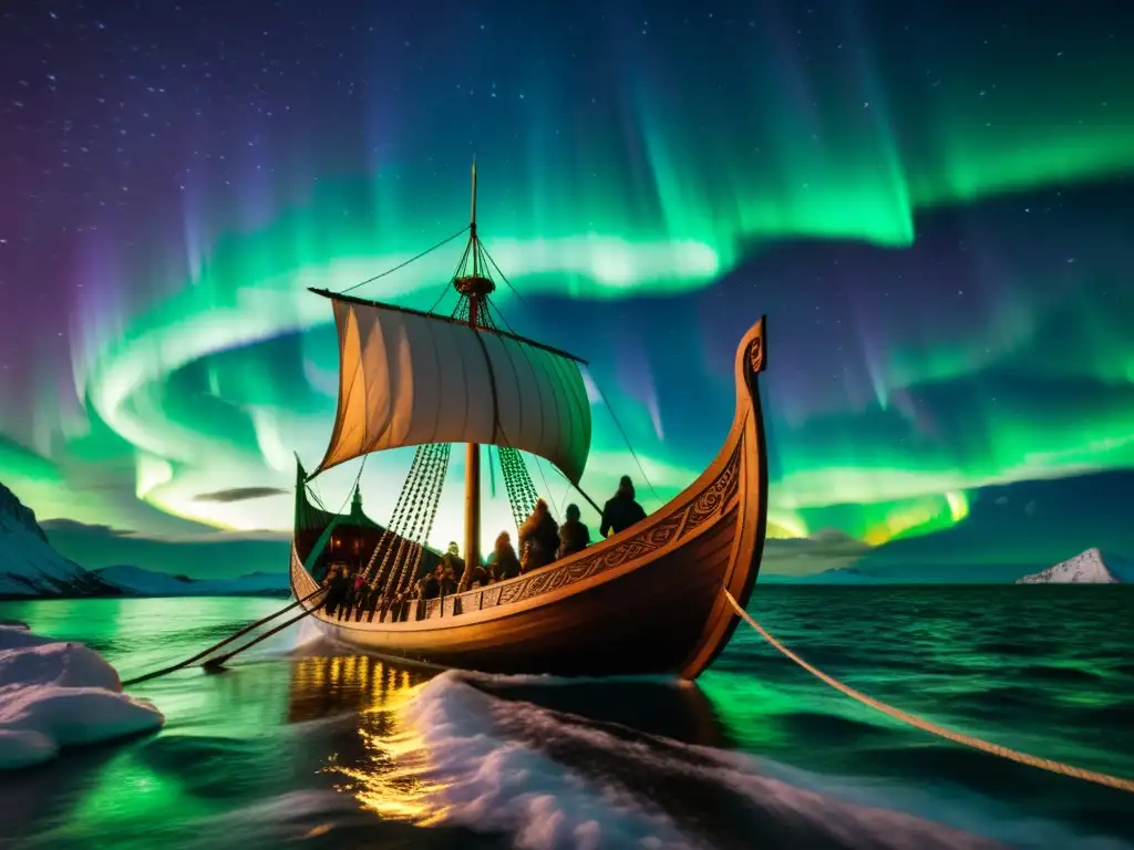 Una Navegación vikinga y legado astronómico: un drakkar surca el mar bajo la aurora boreal