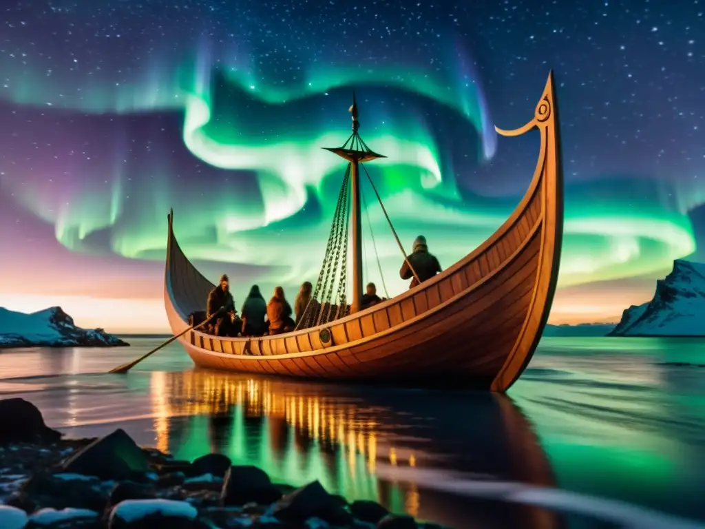 Navegación vikinga y legado astronómico: Vikingos navegando bajo auroras boreales