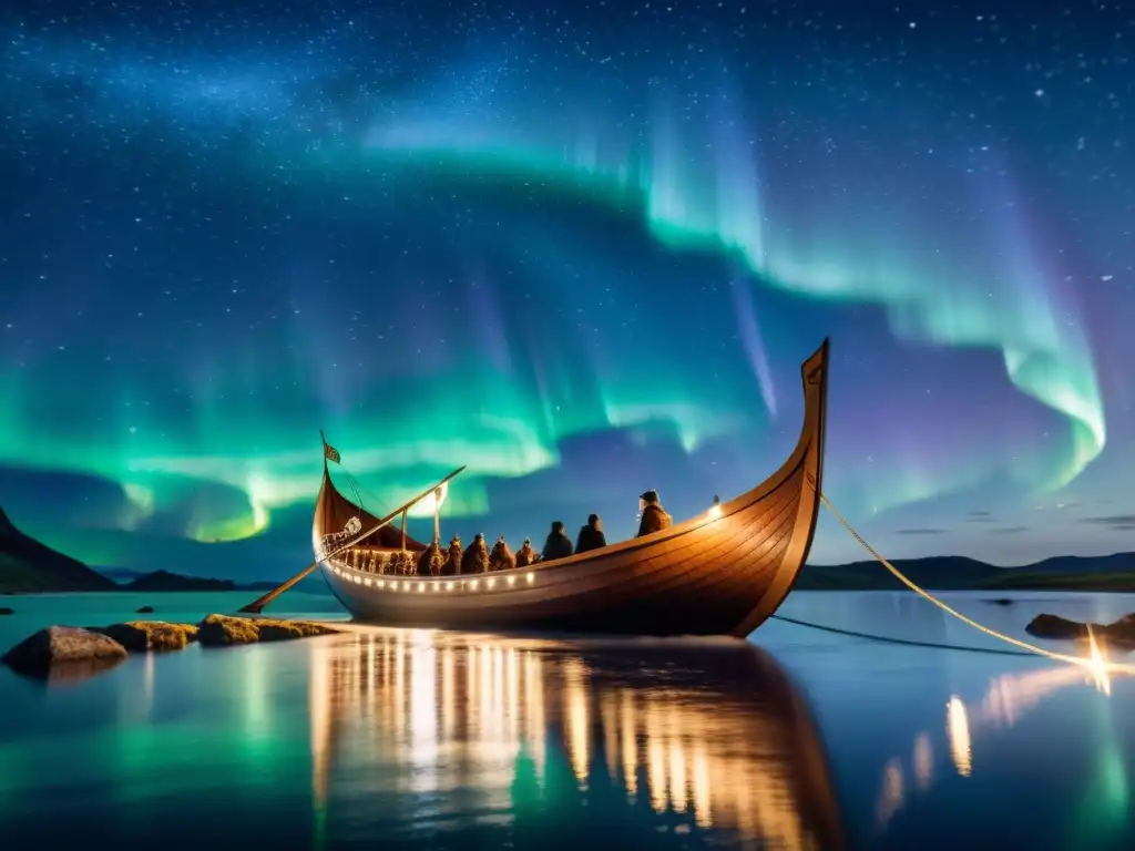 Navegación vikinga y legado astronómico: Un drakkar vikingo navega bajo las estrellas y auroras boreales