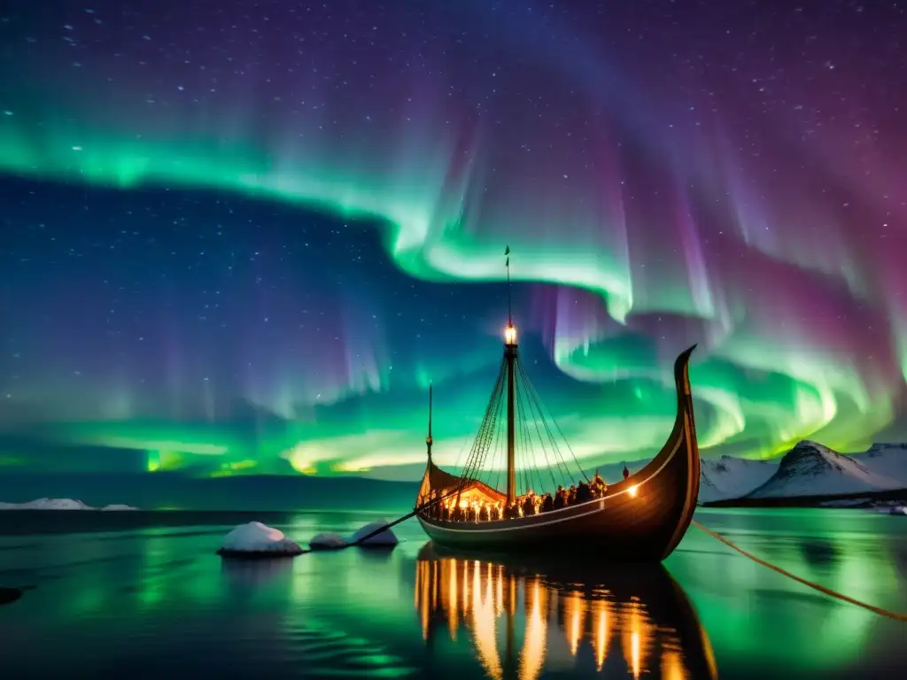 Navegación vikinga y legado astronómico: un drakkar atraviesa auroras boreales con constelaciones en el cielo estrellado