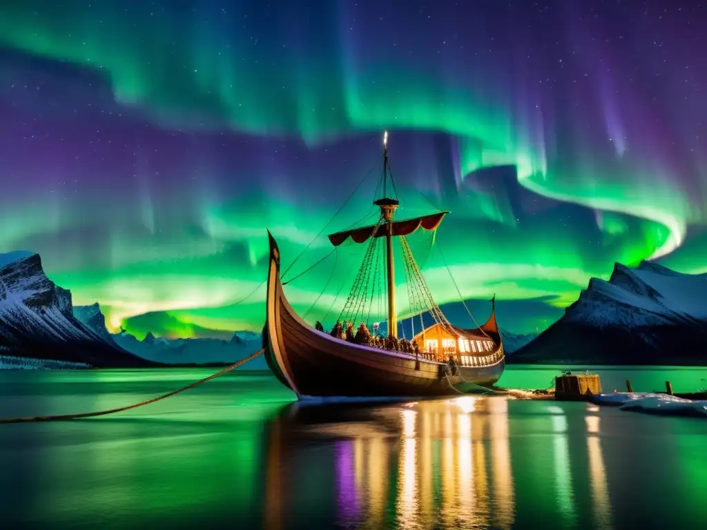 Navegación vikinga y legado astronómico: un drakkar bajo la Aurora Boreal en una noche estrellada