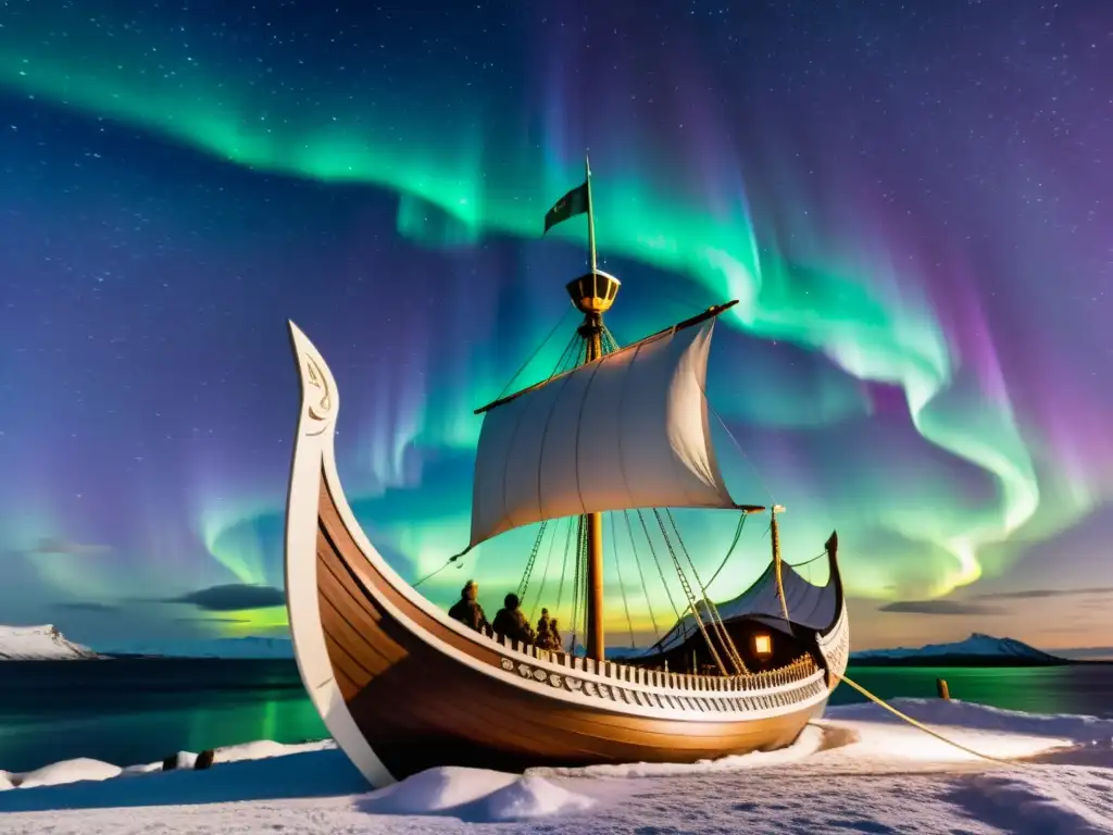 Navegación vikinga y legado astronómico: réplica de un drakkar vikingo navegando bajo la aurora boreal en la noche estrellada