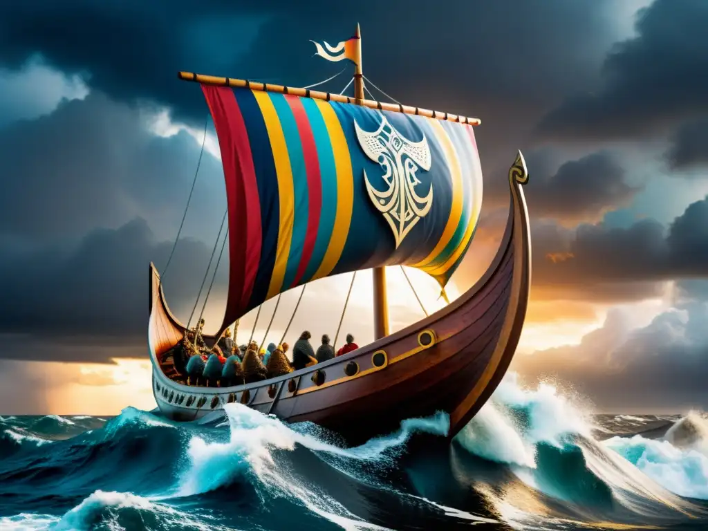 Un navío vikingo atraviesa mares tormentosos con ballenas y banderas vikingas coloridas al viento