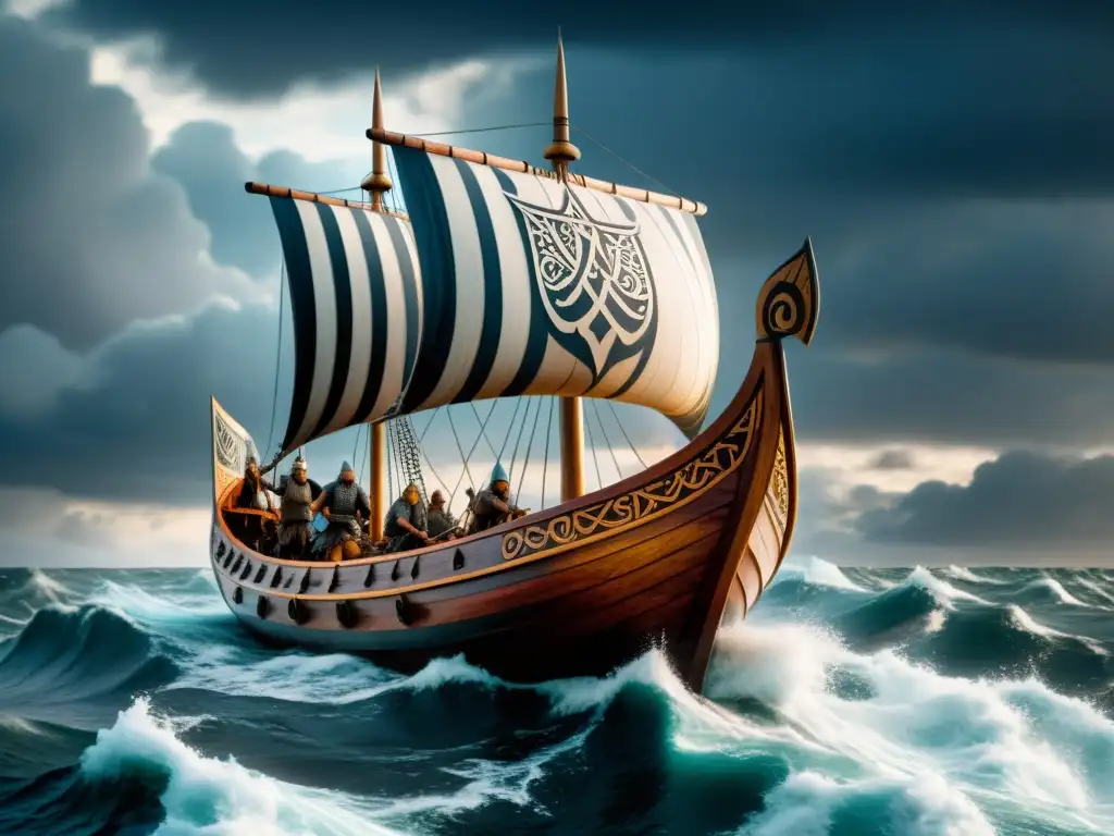 Un navío vikingo surca mares turbulentos, tripulado por guerreros con tatuajes vikingos que representan fuerza y valentía