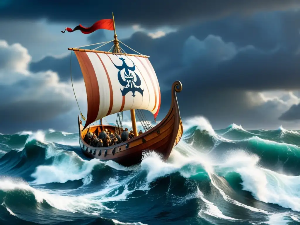 Un navío vikingo surca mares turbulentos con símbolos heráldicos, reflejando la influencia vikinga en heráldica