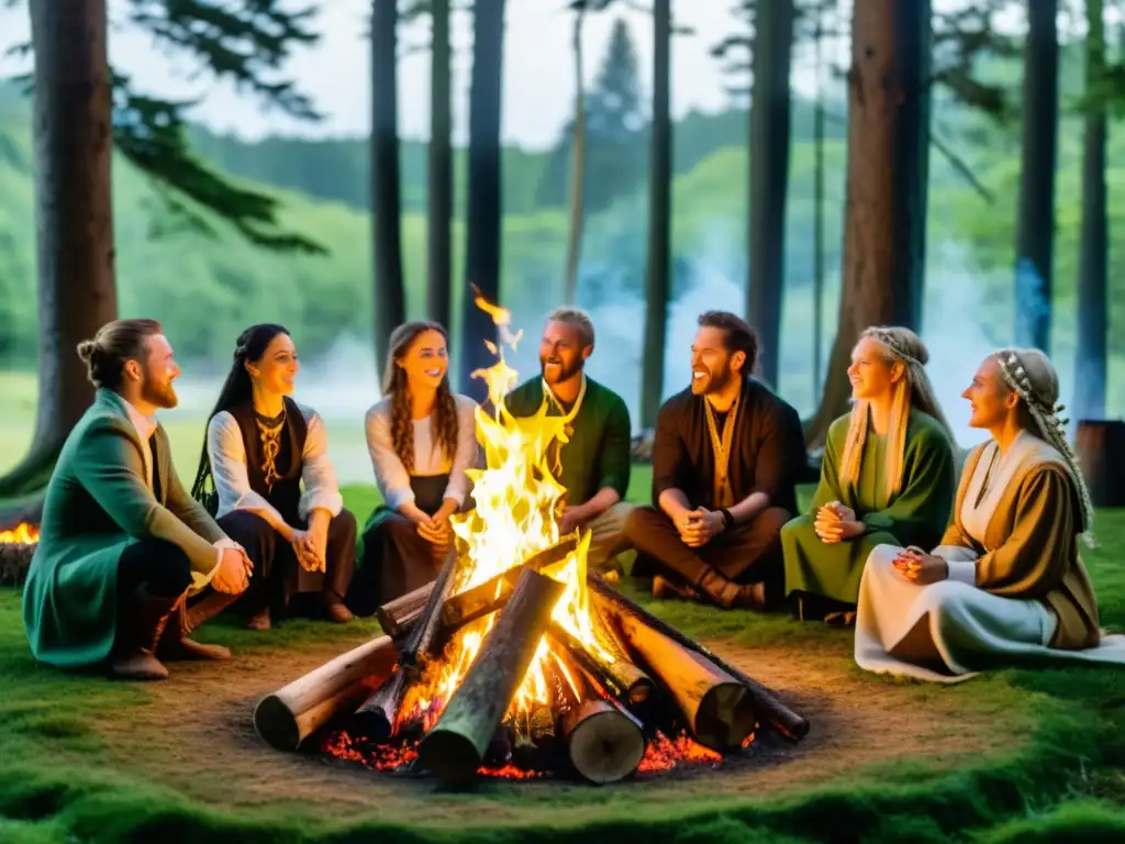 Ritual neopagano alrededor de la hoguera en el bosque Práctica neopagana moderna vikinga: Grupo de seguidores en atuendo nórdico, alrededor de una hoguera en el bosque