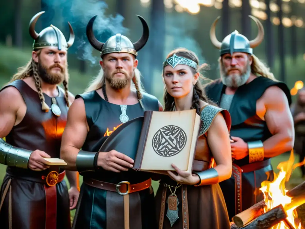 Ritual vikingo con poesía ancestral bajo la aurora boreal Práctica neopagana moderna vikinga: Grupo viste atuendos vikingos en bosque, alrededor de fogata, recitando poesía antigua