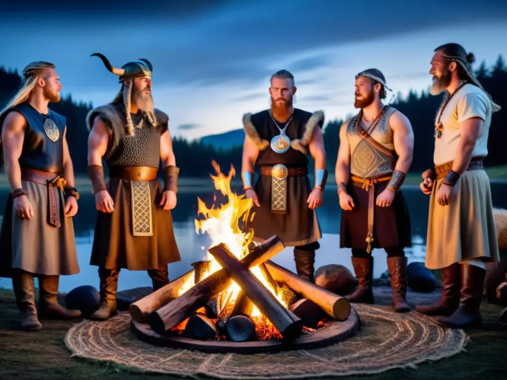 Ritual vikingo: místico encuentro alrededor del fuego Práctica neopagana moderna vikinga: grupo en atuendo vikingo junto a fogata, lanzando runas bajo cielo nocturno en bosque iluminado
