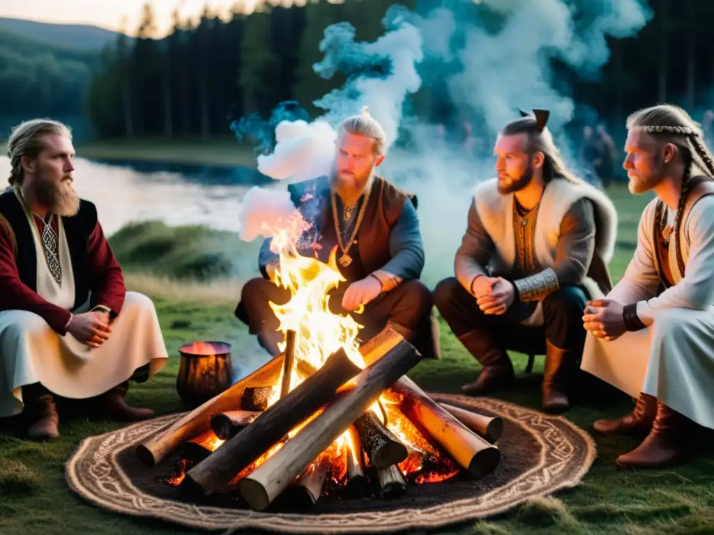 Ritual vikingo en la oscuridad del bosque: neopaganismo en llamas Práctica neopagana moderna vikinga: Ritual espiritual alrededor de la hoguera en el bosque, con cantos ancestrales y vestimenta vikinga