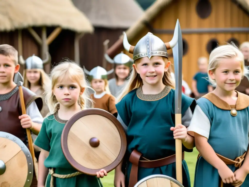 Niños disfrutan actividades de recreación vikinga con espadas y escudos en aldea vikinga