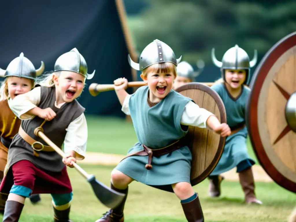 Niños disfrutan de actividades de recreación vikinga en un evento histórico