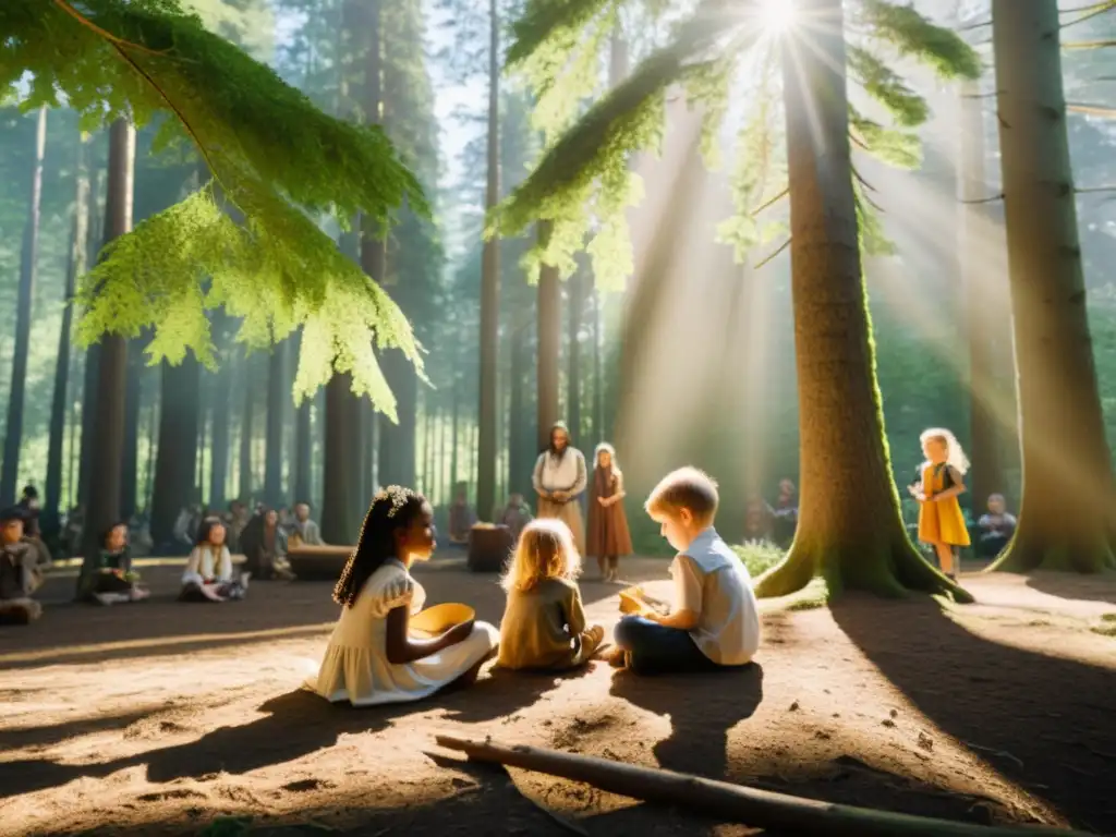 Niños jugando en el bosque con adultos realizando actividades tradicionales neopaganas, criando en comunidad