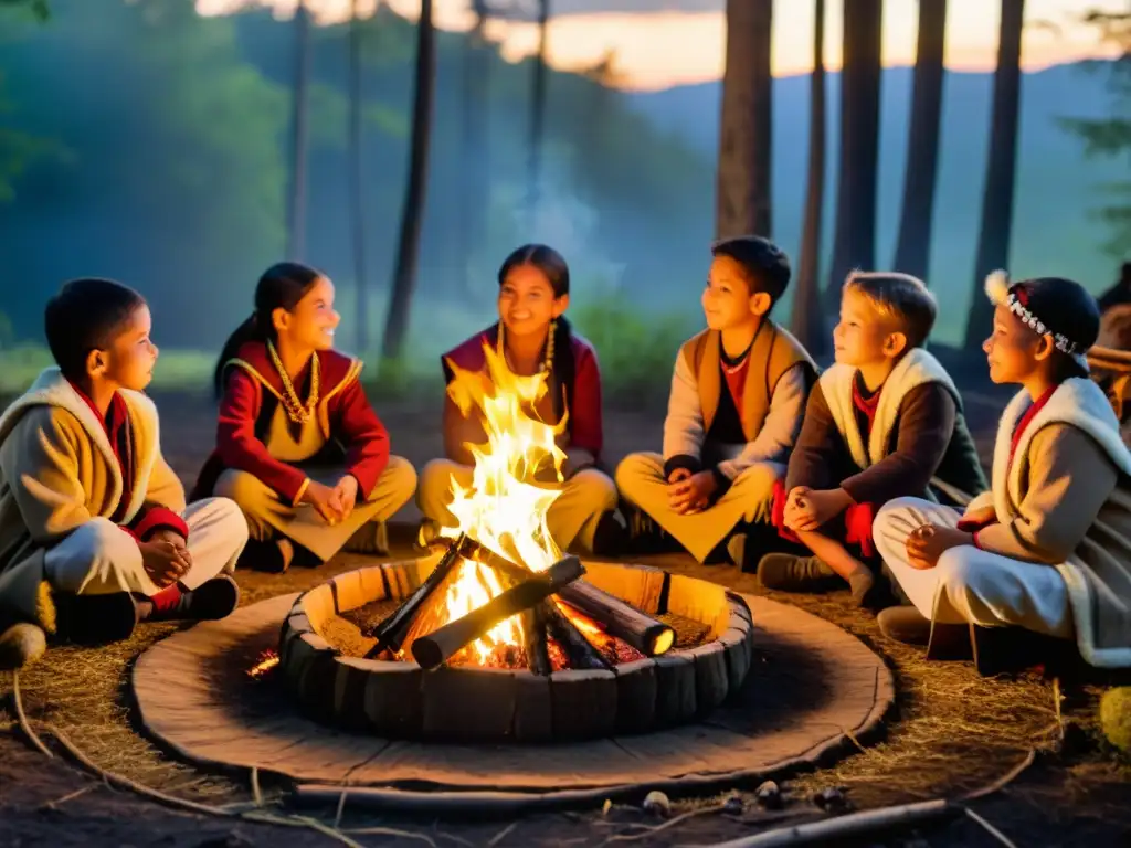 Niños en círculo alrededor de fogata en bosque, escuchando historias de una anciana