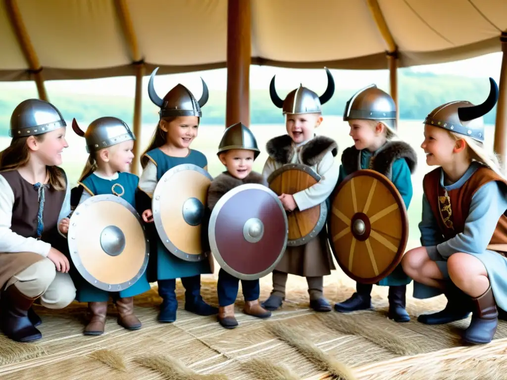 Niños vikingos en festival educativo, jugando con entusiasmo en un campamento vikingo