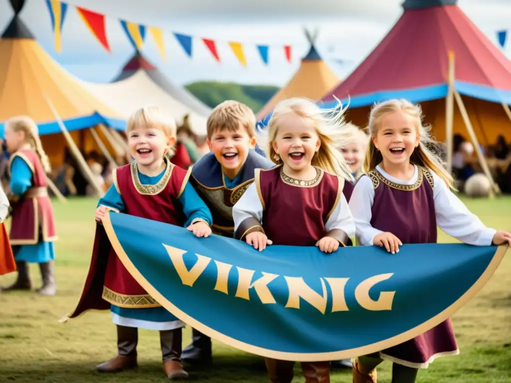 Niños vikingos disfrutan de juegos educativos en vibrante festival