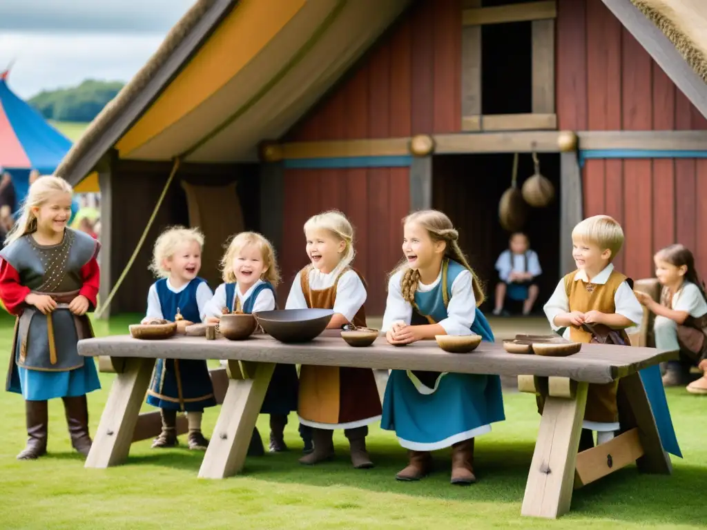 Niños vikingos disfrutan de juegos educativos en un festival vibrante de la era vikinga