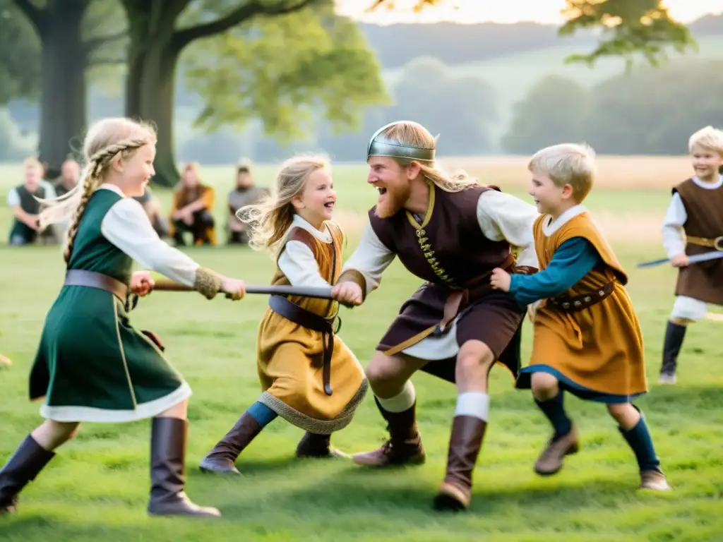 Niños vikingos compiten en tugofwar bajo el sol en un prado verde