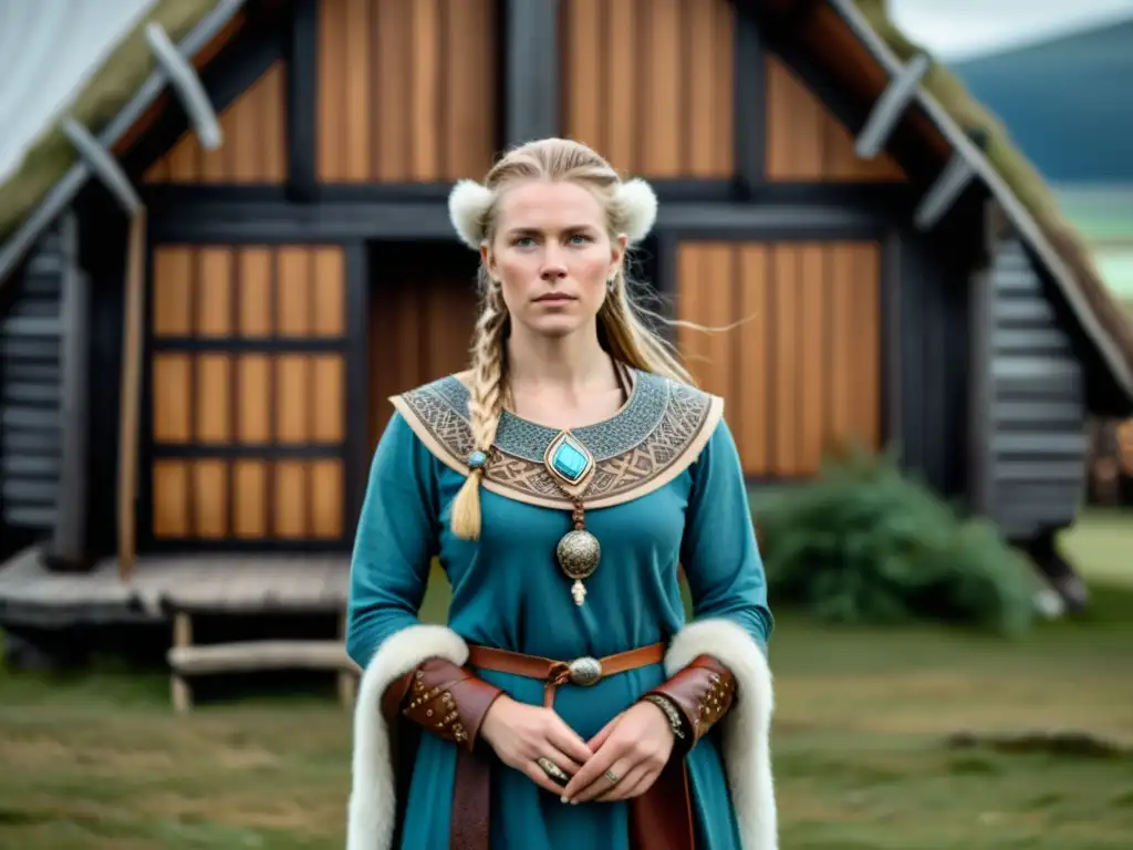 Una noble mujer vikinga destaca entre joyas y vestimentas tradicionales en una aldea vikinga