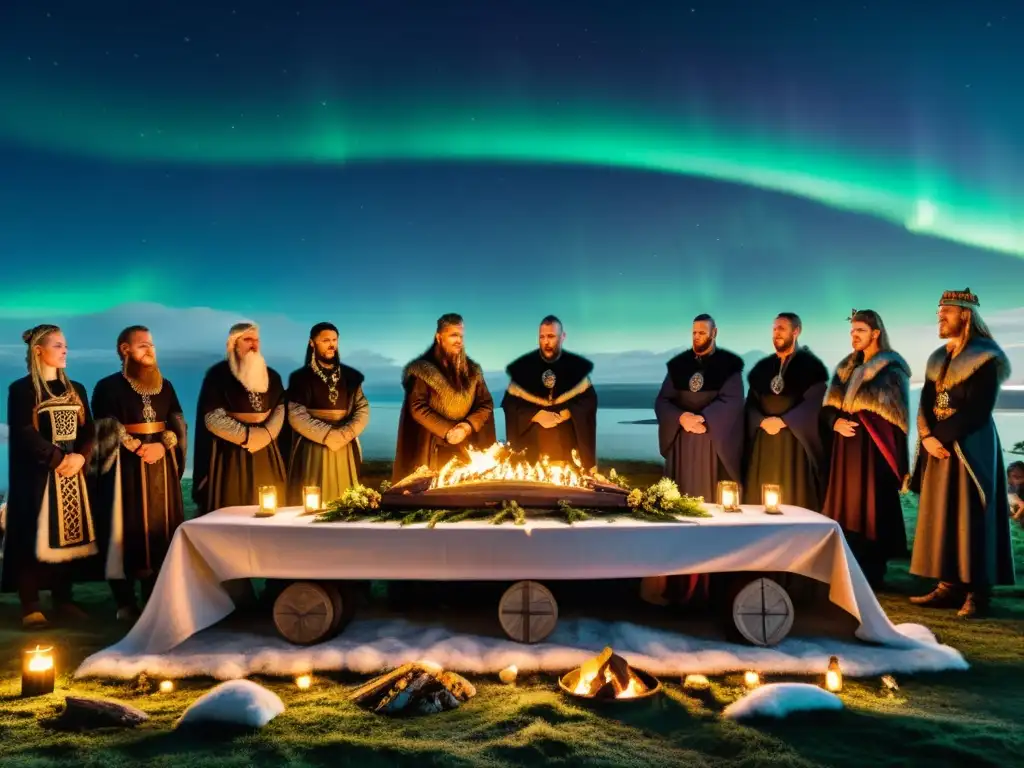 Ofrendas alimenticias en rituales funerarios vikingos: Una escena detallada de un banquete vikingo bajo la aurora boreal