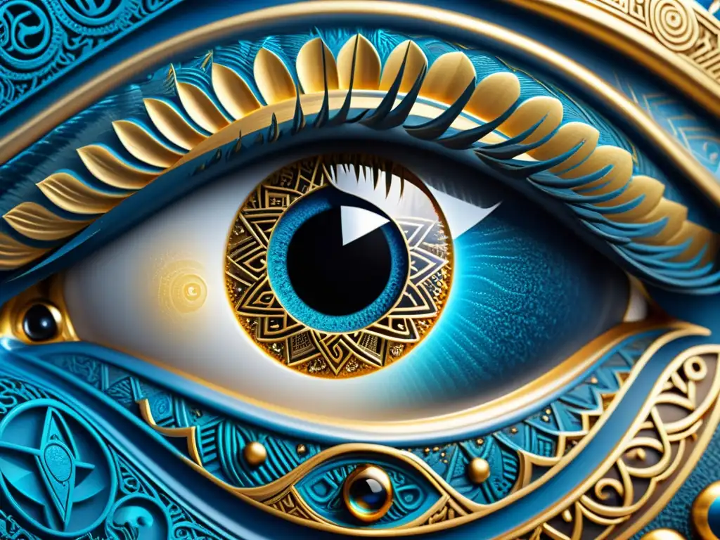 Un ojo místico combina símbolos nórdicos y egipcios en azul y dorado, evocando similitudes entre Ojo de Odín y Ojo de Horus