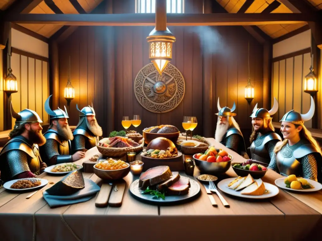 Una opulenta cena vikinga en un gran salón decorado con motivos nórdicos