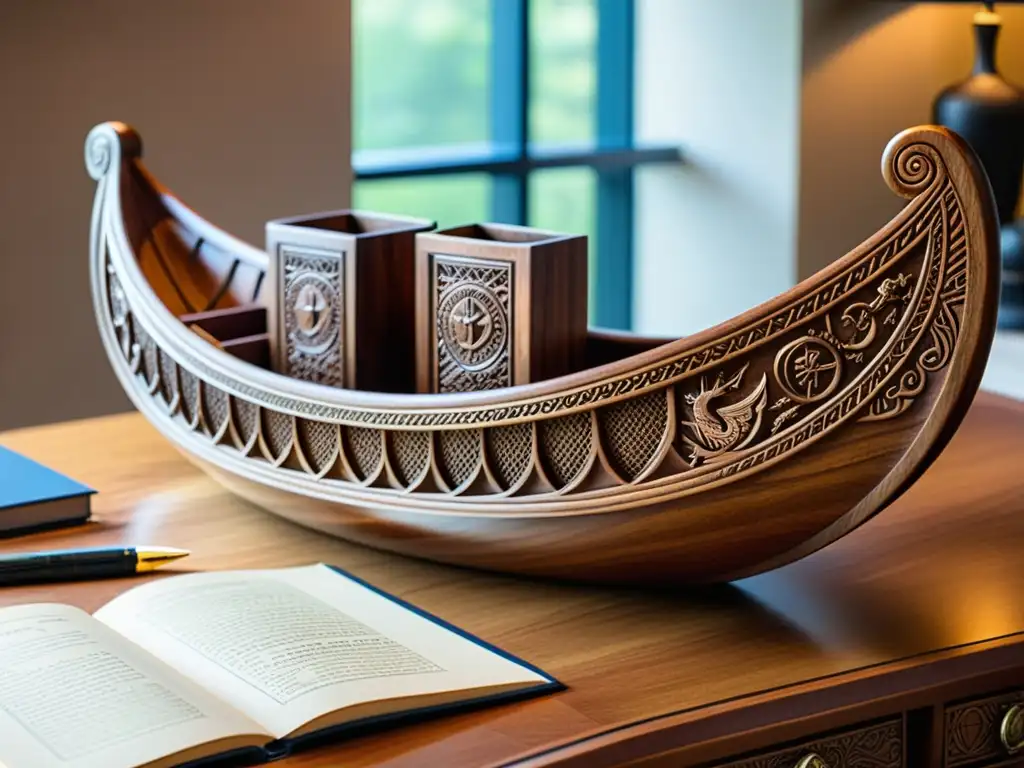 Un organizador de escritorio estilo vikingo detallado, con forma de barco vikingo, escudos y motivos nórdicos