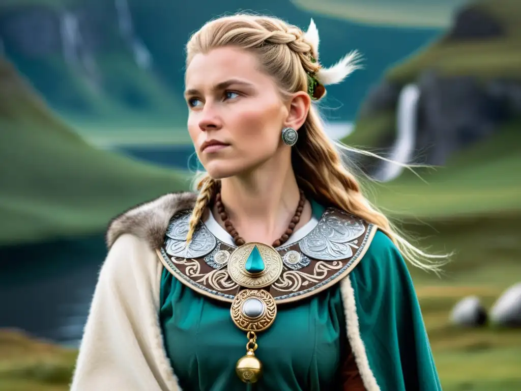 Una orgullosa mujer vikinga con vestimentas y joyas vikingas para mujeres, en un paisaje nórdico exuberante