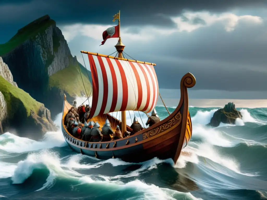 Origen vikingo palabras inglesas: Vikingos navegando hacia la costa inglesa en un drakkar, bajo un cielo tormentoso y acantilados escarpados