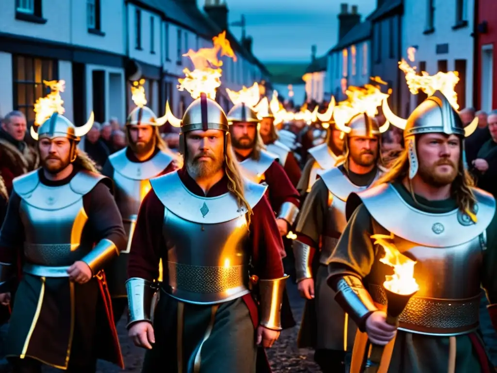 En la oscuridad de las calles, guerreros vikingos marchan con antorchas en el Festival Up Helly Aa Vikingo