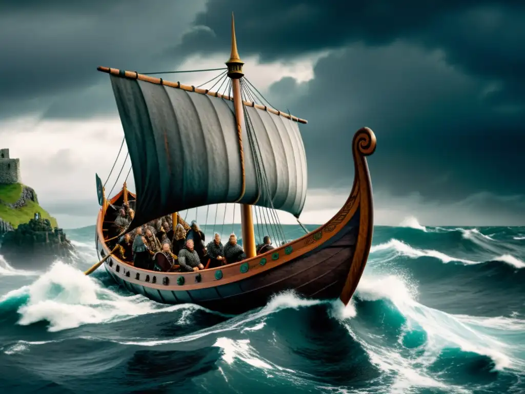 Un pacto vikingo con el mundo celta cobra vida en una imagen épica de un drakkar navegando en mares tormentosos