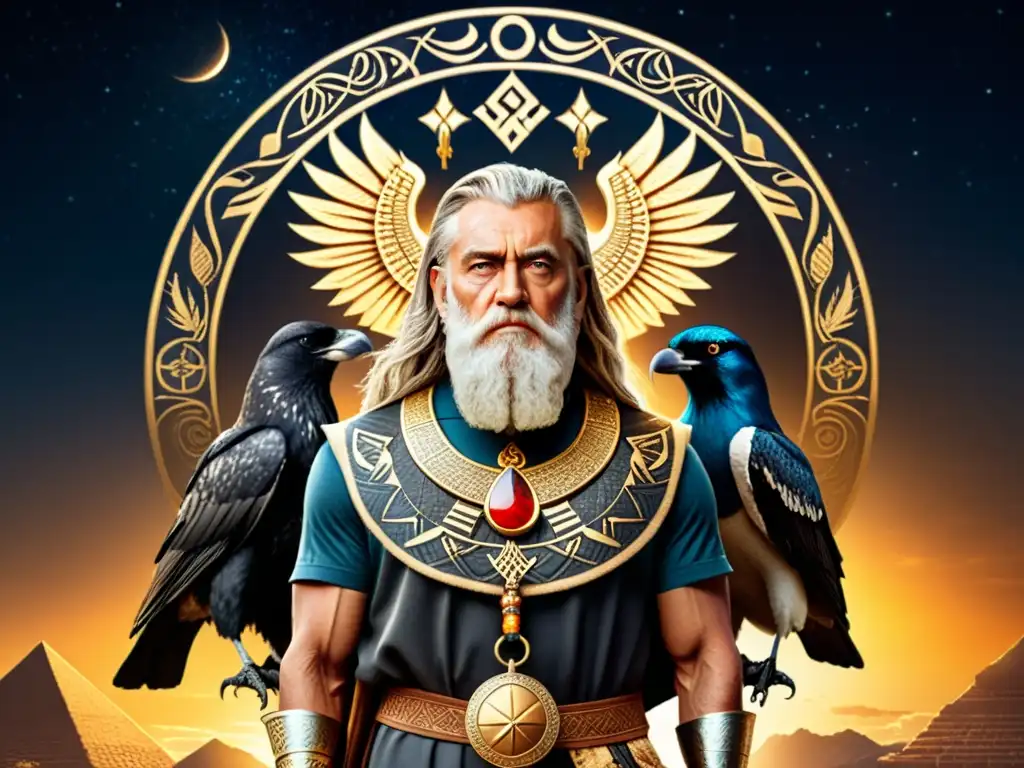 Odin, el Padre de Todos de la mitología nórdica, rodeado de símbolos de diversas culturas en una impresionante ilustración