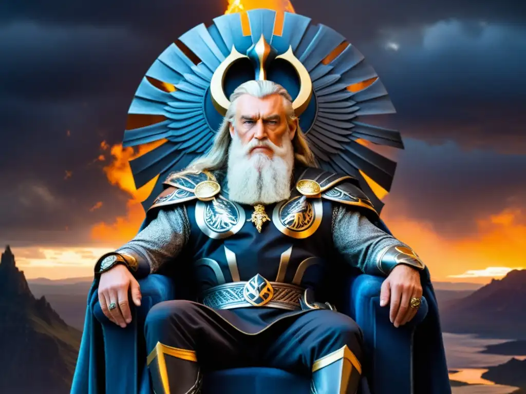 Odín en su trono de Asgard: sabiduría y poder Odín, el Padre de Todos en el Panteón Nórdico, sentado en su trono en Asgard