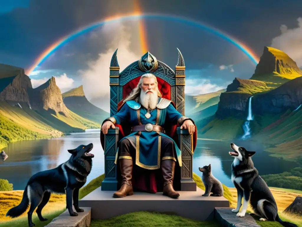 Odin, el Padre de Todos, en su trono en Asgard, con cuervos y lobos, transmite la grandiosidad de los dioses nórdicos