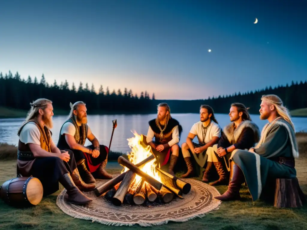 Celebración pagana alrededor de un fuego en la naturaleza, músicos vikingos bajo la luna