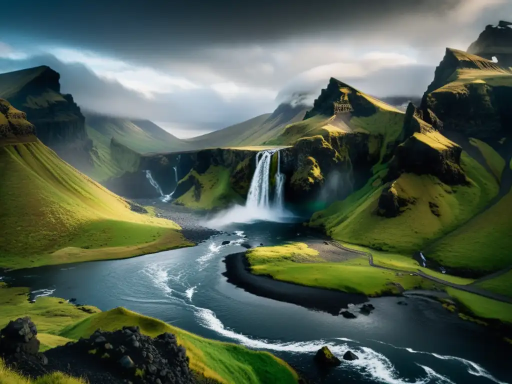 Un paisaje dramático islandés con montañas volcánicas, cascada y un barco vikingo en un fiordo neblinoso, ideal para destinos vikingos para vivir