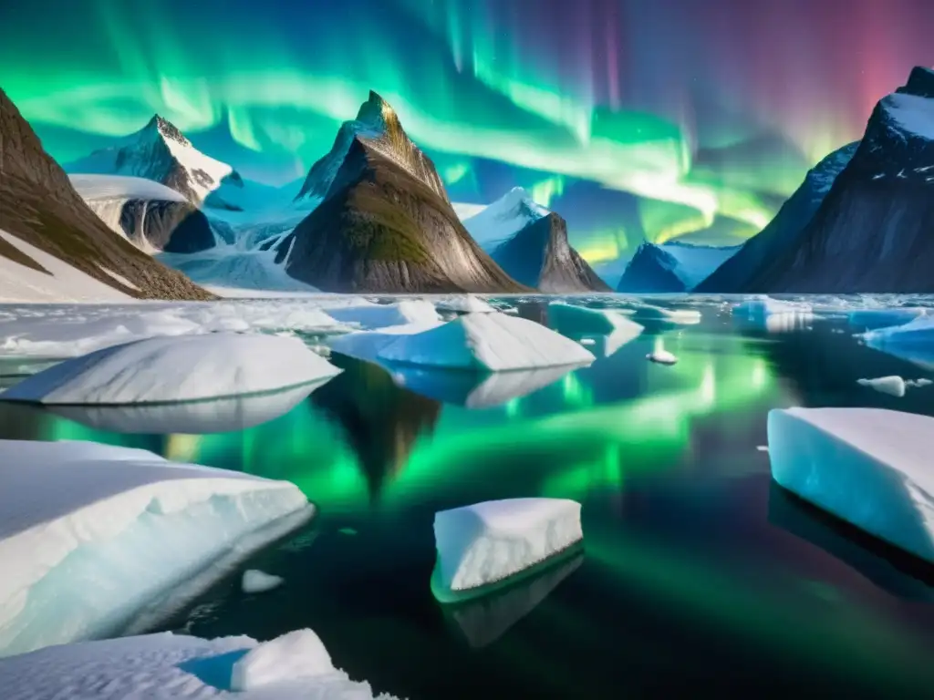 Paisaje épico de Groenlandia con un barco vikingo navegando en aguas heladas, destacando los Asentamientos vikingos en Groenlandia