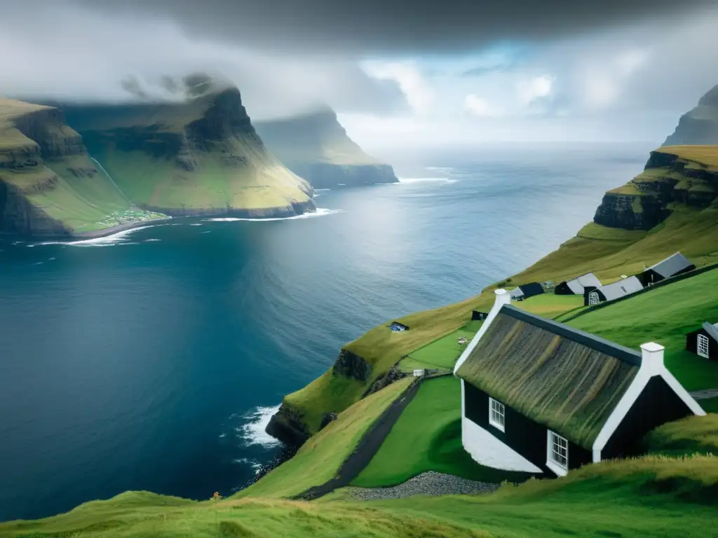 Paisaje épico de las Islas Feroe con acantilados, casas tradicionales y nubes, ilustrando la estrategia de ocupación vikinga en las Islas Feroe