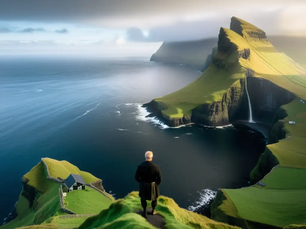 Un paisaje épico de las islas Feroe: acantilados escarpados, casas tradicionales y una figura vikinga contemplando el horizonte bajo la aurora boreal