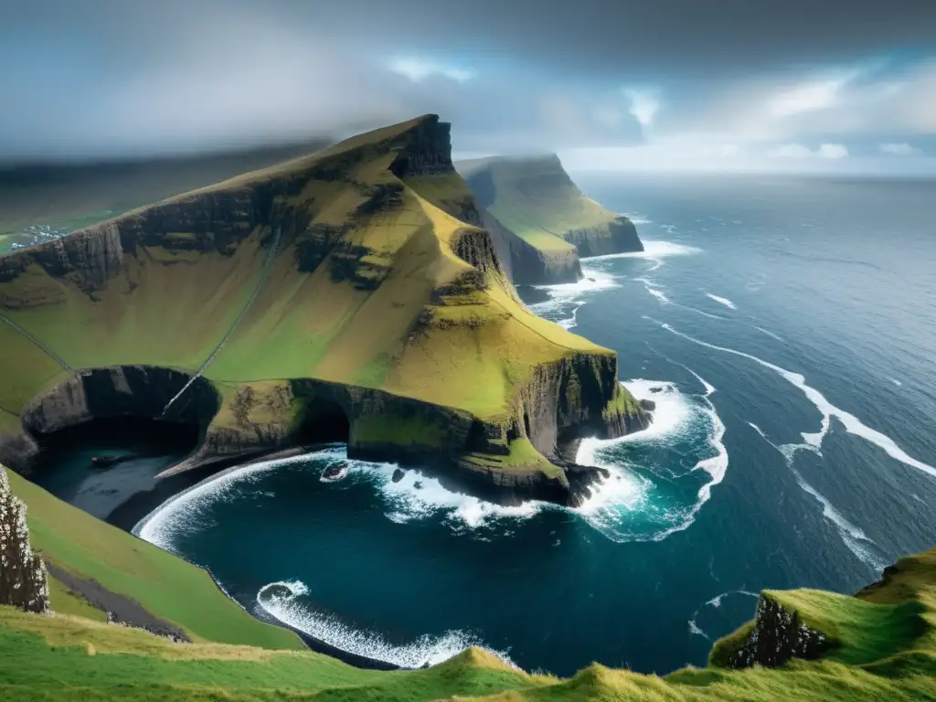 Un paisaje épico de las islas Feroe: acantilados, mar bravo, figura vikinga y aves marinas