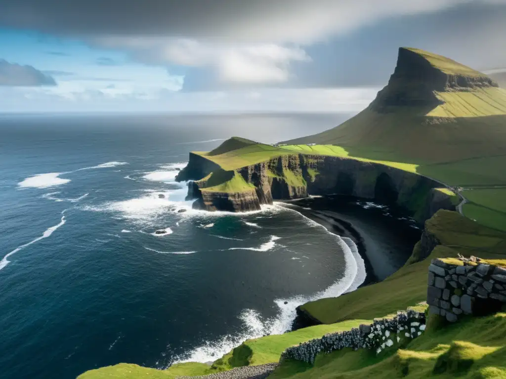 Paisaje épico de las Islas Feroe con ruinas vikingas en acantilado