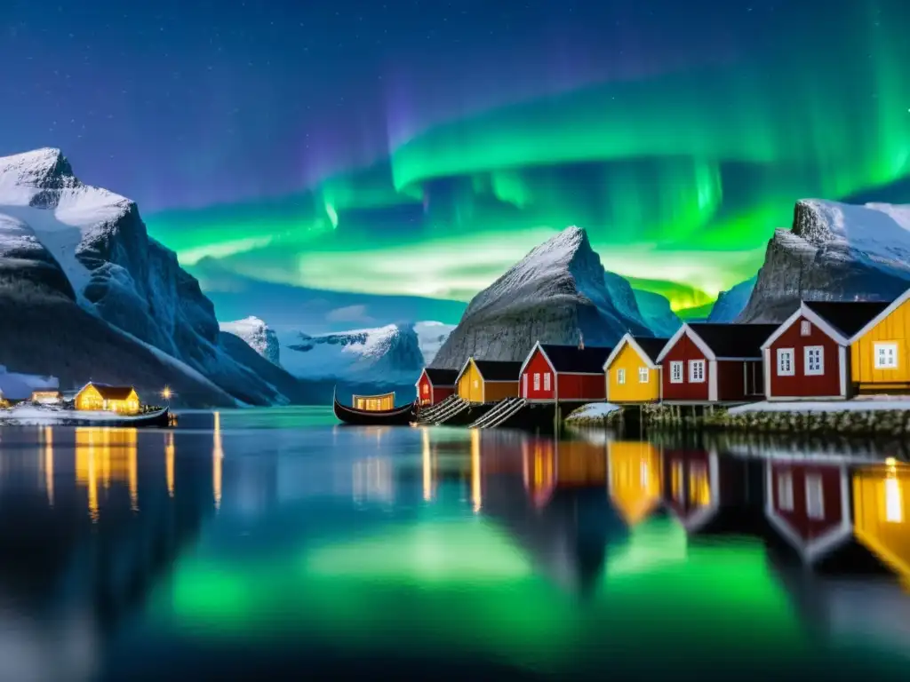 Paisaje escandinavo con desaparición de los vikingos en la aurora boreal