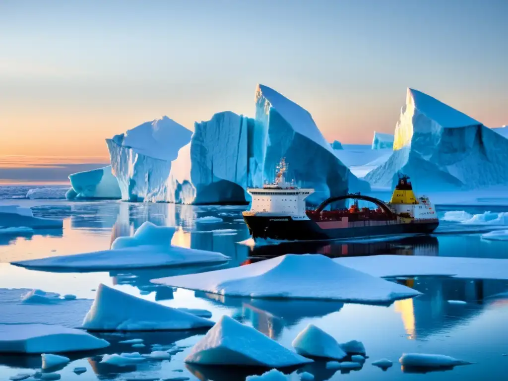 Un paisaje helado del Ártico con icebergs relucientes bajo el sol de medianoche