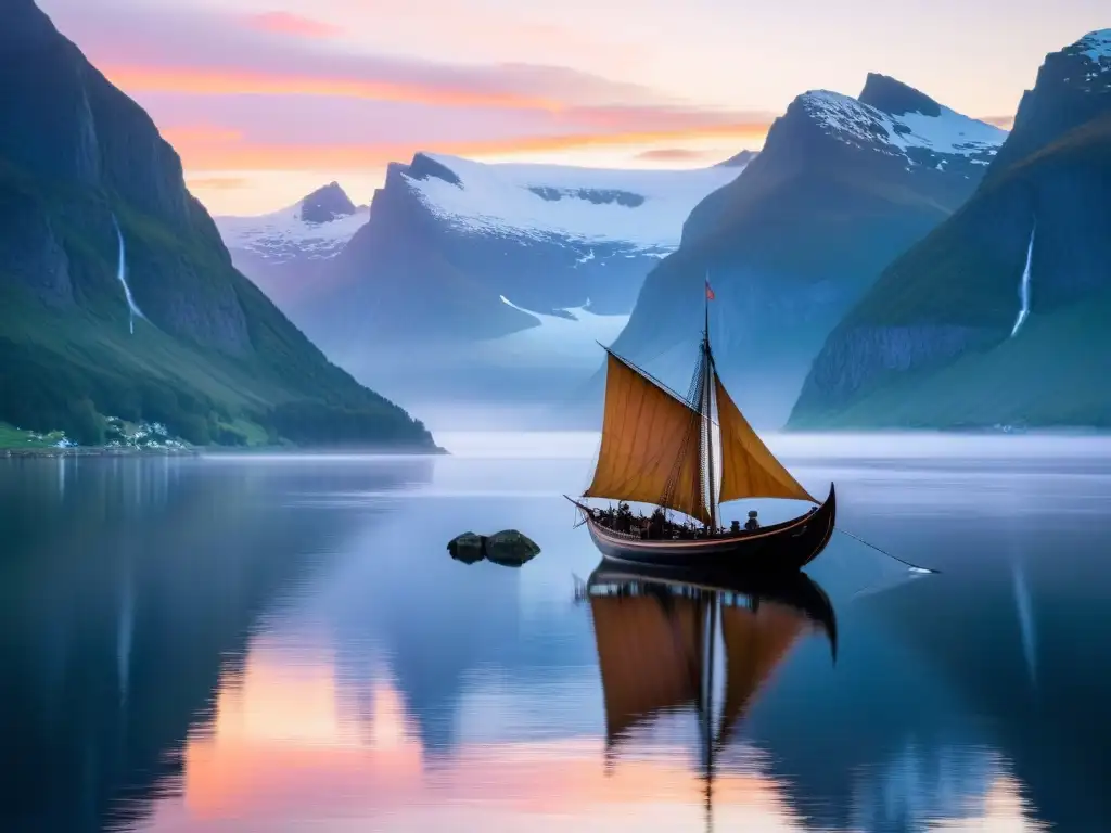 Un paisaje impresionante de un fiordo escandinavo al amanecer, con un barco vikingo y montañas nevadas al fondo