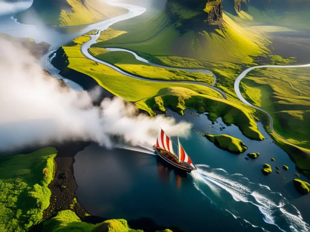 Un paisaje impresionante de Islandia con montañas volcánicas, cascadas y un barco vikingo navegando en un río