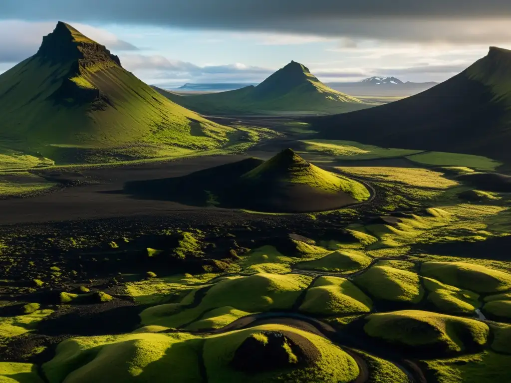 Paisaje islandés con campos de lava cubiertos de musgo, montañas al fondo