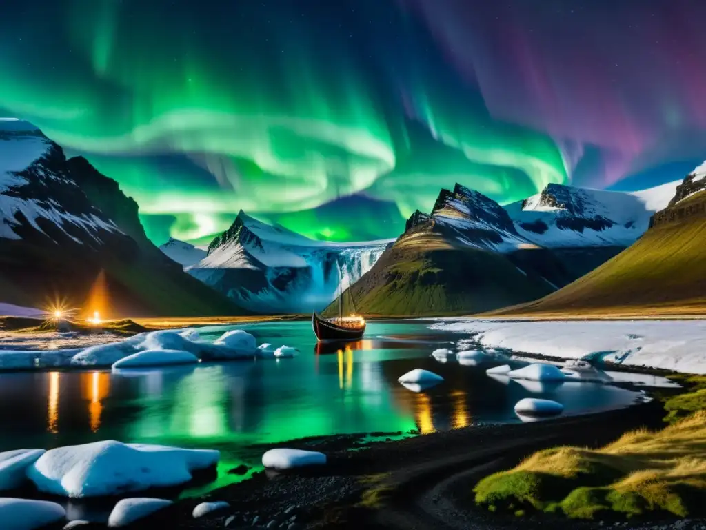 Un paisaje islandés impresionante con la presencia vikinga en Islandia: un barco vikingo navega bajo las auroras boreales y montañas nevadas