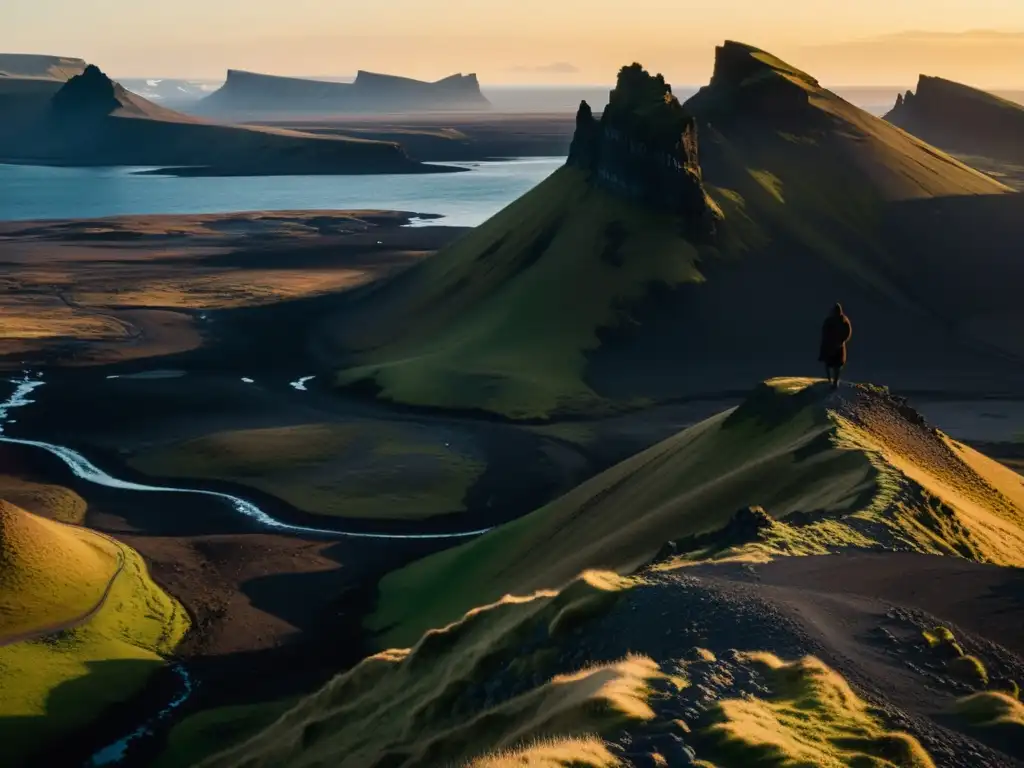 Un paisaje islandés ventoso al anochecer con un personaje solitario en un promontorio rocoso, evocando la Saga de Grettir literatura nórdica